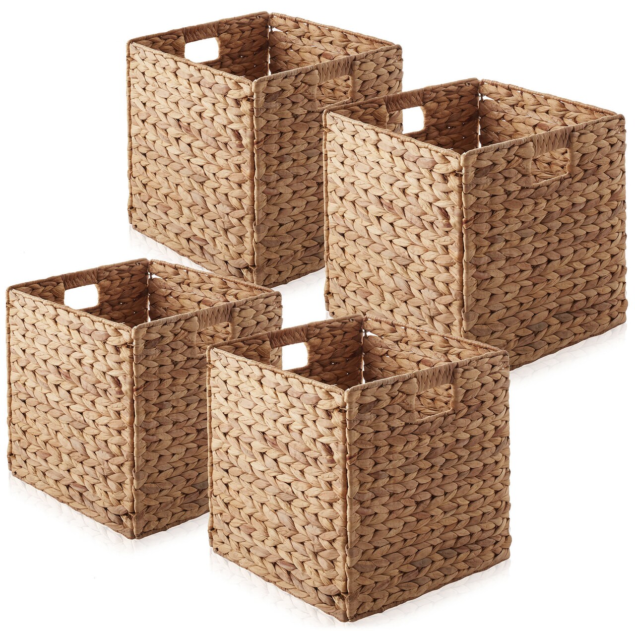 Casafield 12" x 12" Water Hyacinth Storage Baskets, Collapsible Cube Organizers, Woven Bins for Bathroom, Bedroom, Laundry, Pantry, Shelves